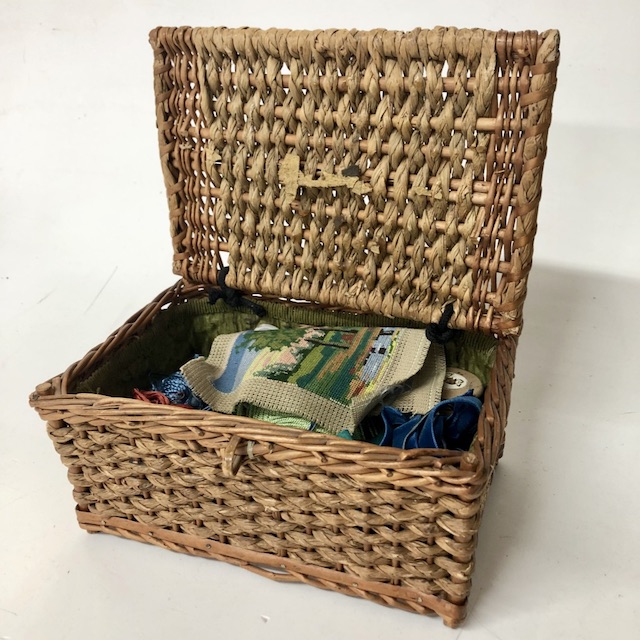 SEWING KIT, Rectangular Woven Storage Basket w Embroidery Craft